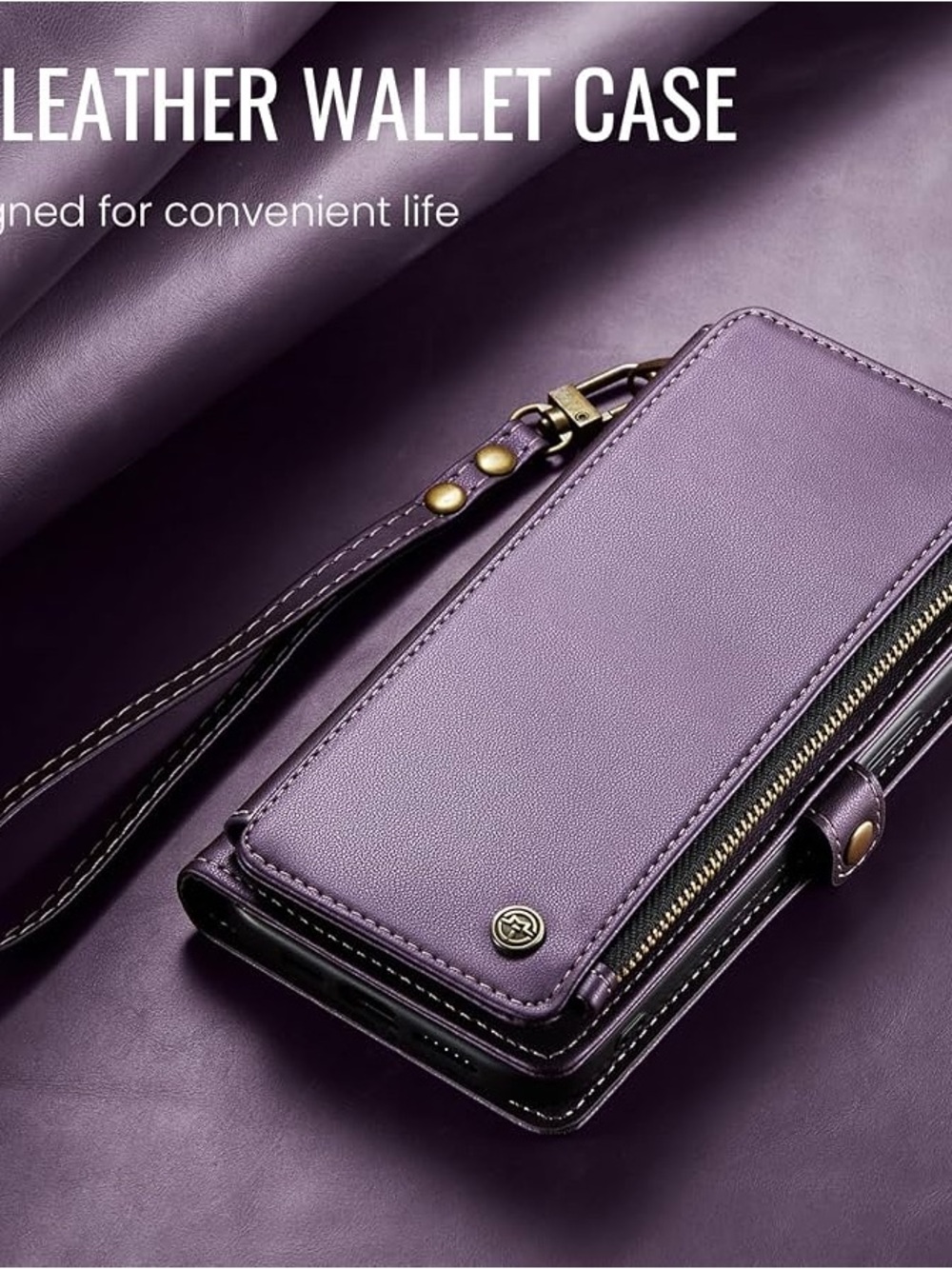 Women's Purple Leather Wallet Wristlet - Elegant Zip Closure